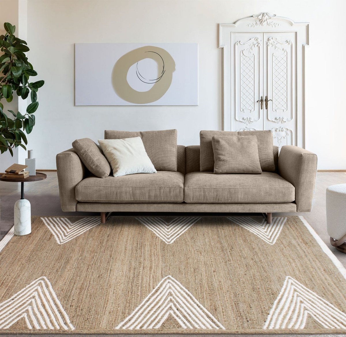 Triangles White Jute and Wool Geometric Rug | Living DNA SG